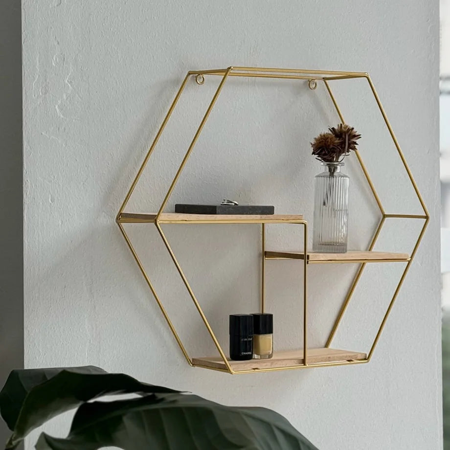 Hexagonal Geometric Gold Wall Grid Shelves