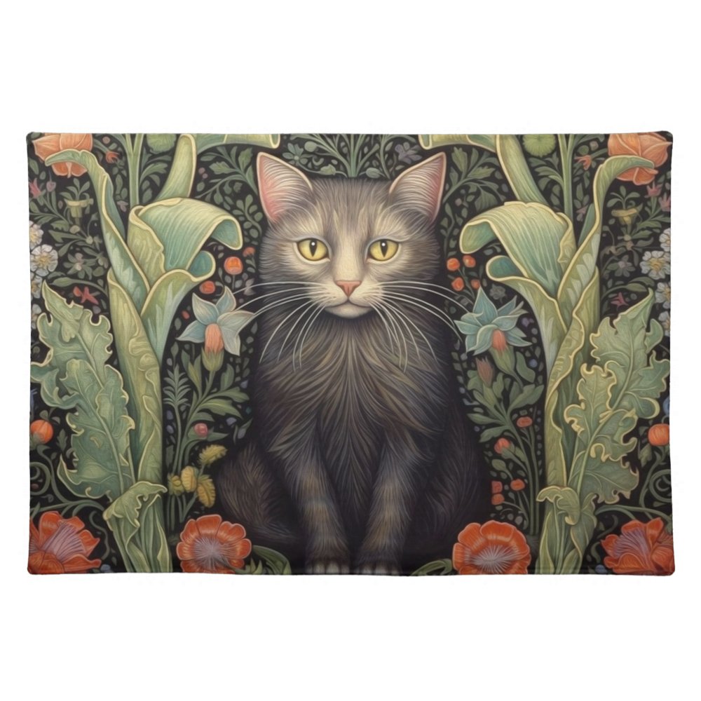 Black Cat Illustration Floral Circular Fabric Placemats or Coasters