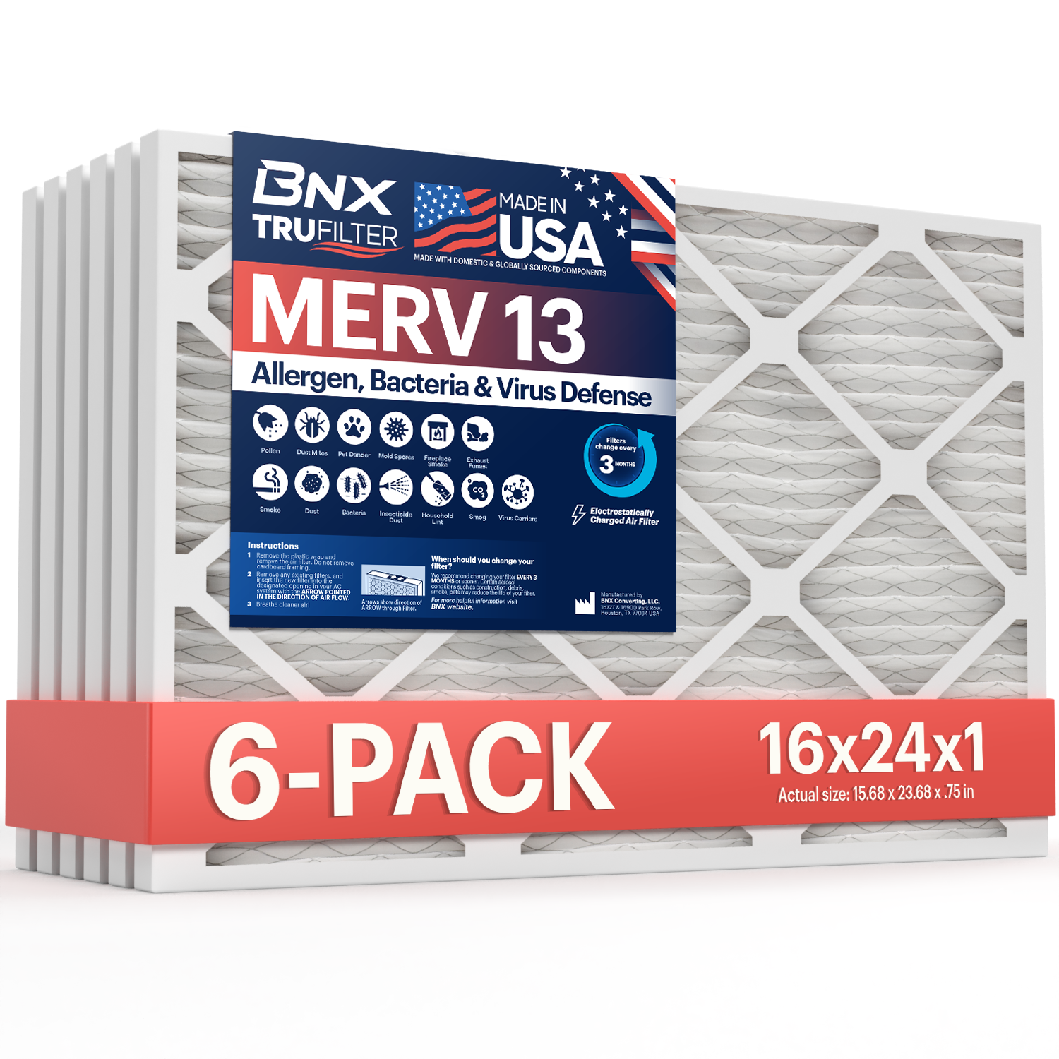 BNX TruFilter 16x24x1 MERV 13 Pleated Air Filter, 6-Pack