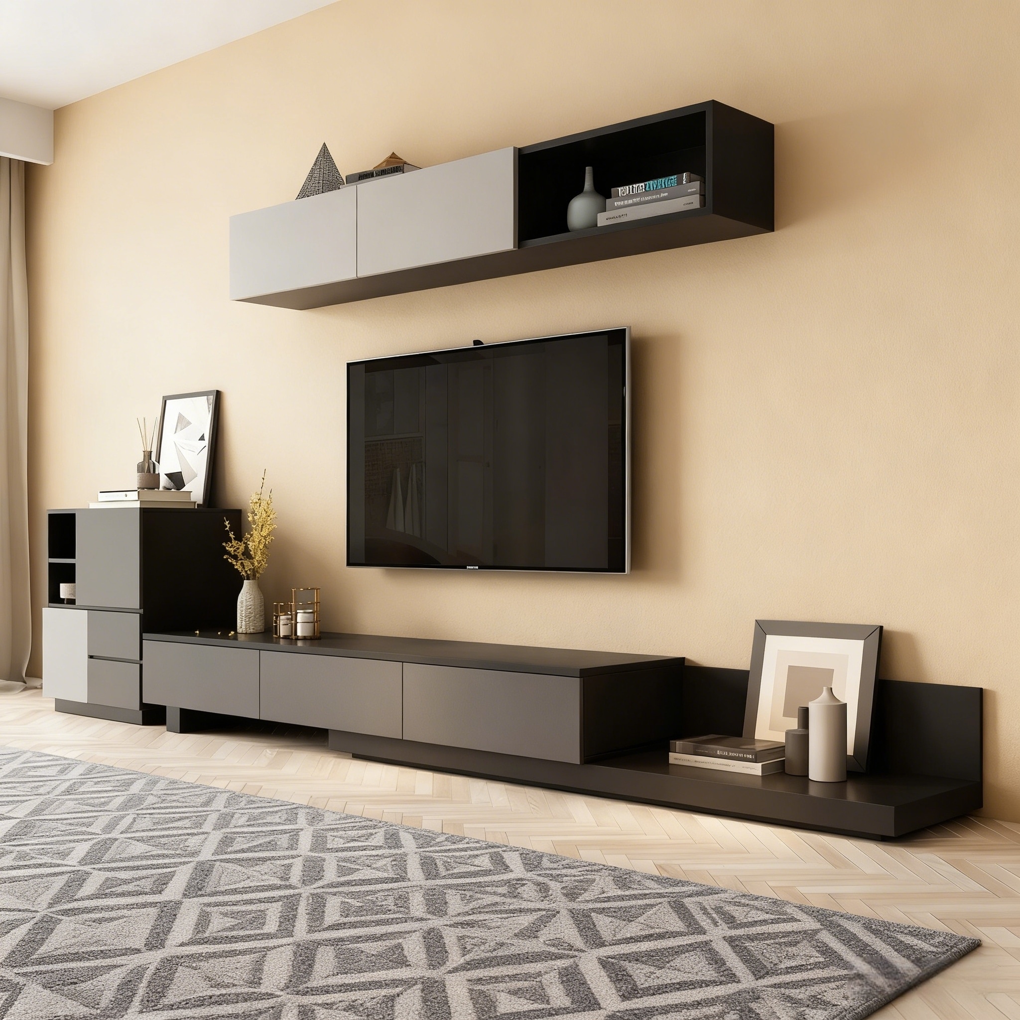 Lilesville 100.4" W Modern TV Stand Retracted & Extendable 3-Drawer
