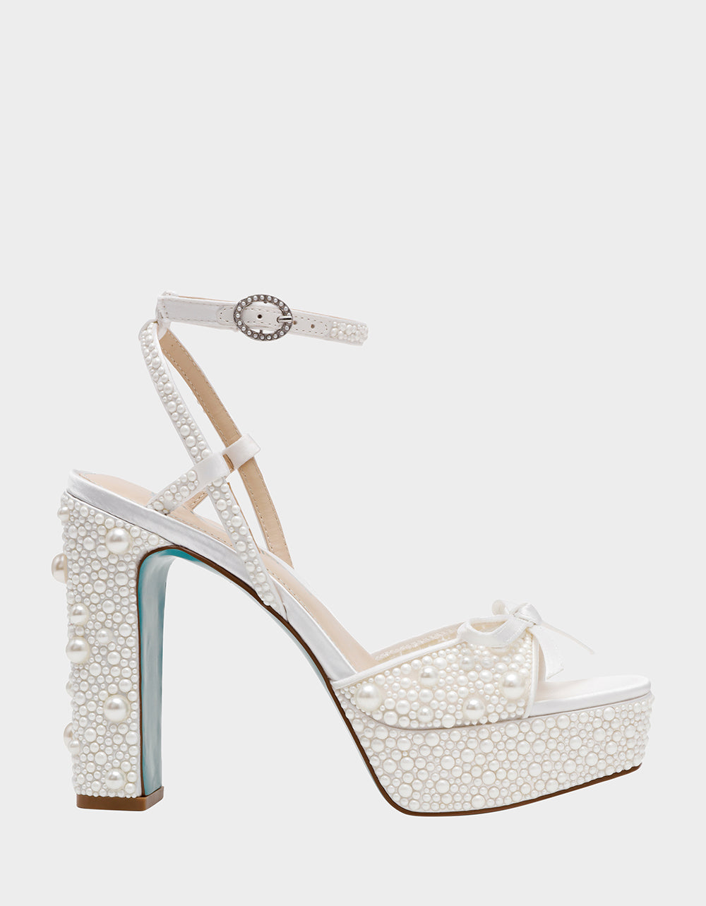 Size 6.5 Betsey Johnson Pearl-Embellished Ankle Strap Block Heel Sandals