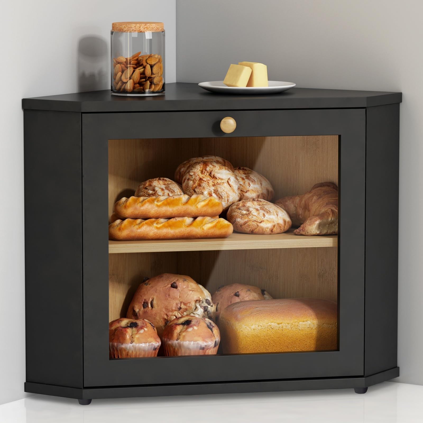 Goozii Corner Bread Box Kitchen Storage, Black