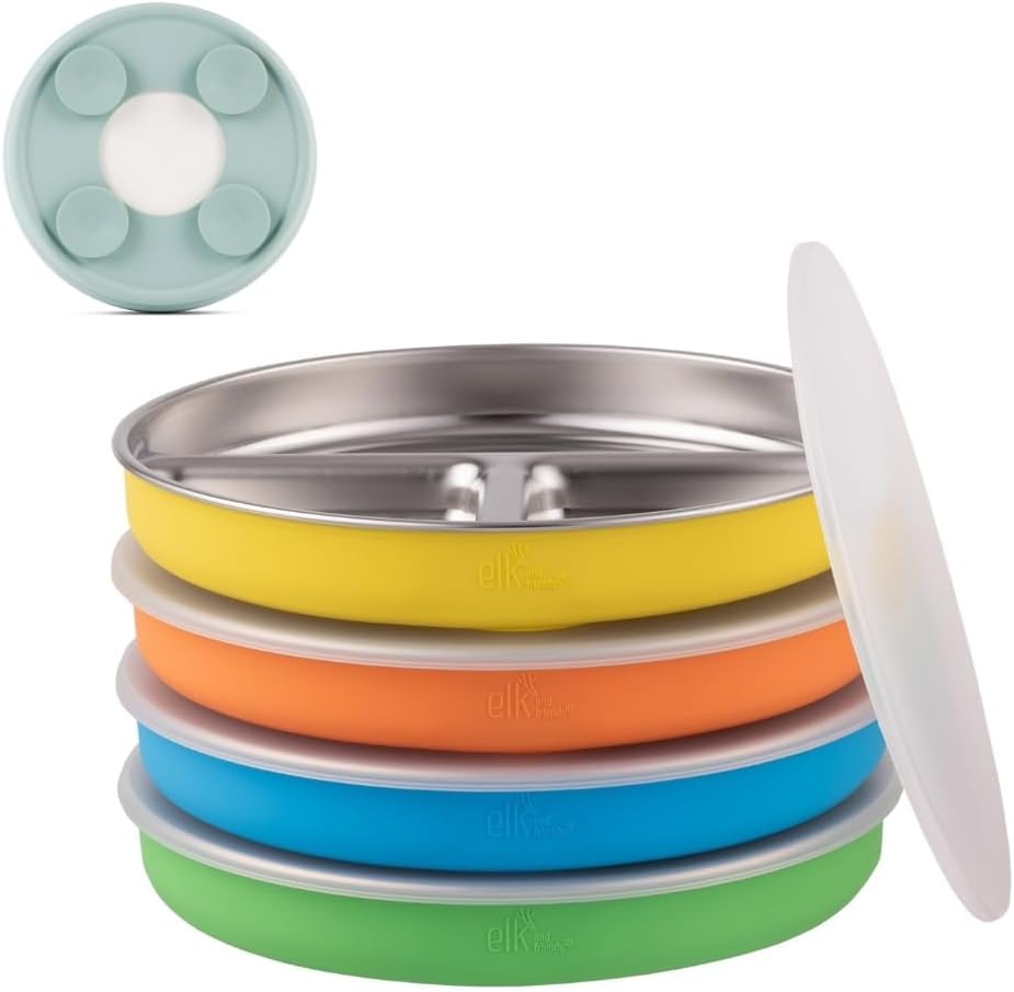 Elk and Friends Divided Plates (4 Pack, Green/Orange/Blue/Yellow)