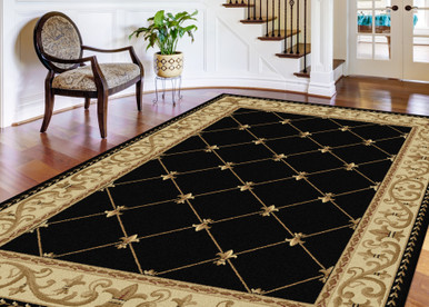 Black and Beige Fleur-de-lis Lattice Pattern Area Rug