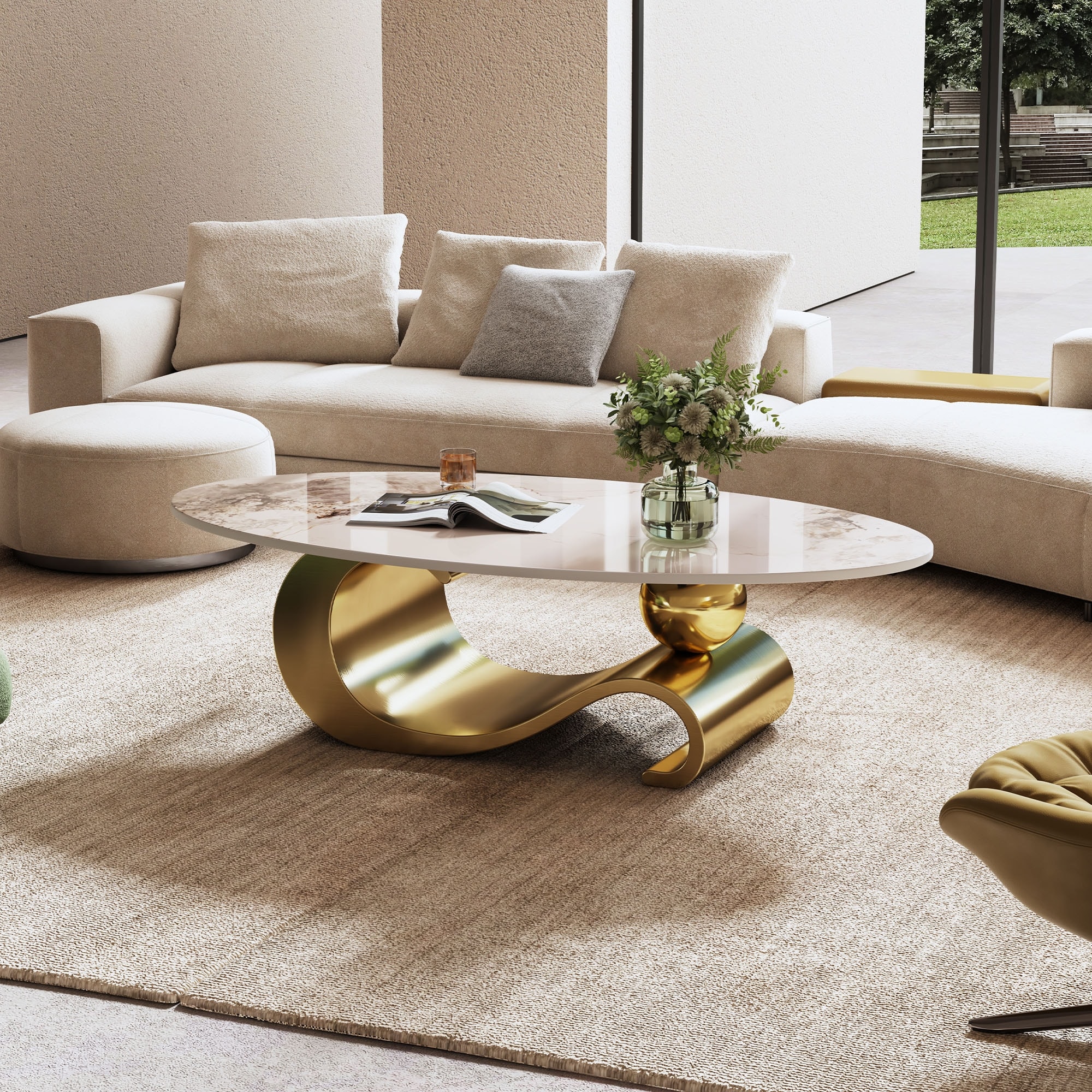 Oval Stone or Marble Coffee Table Top with Decorative Gold Accents
