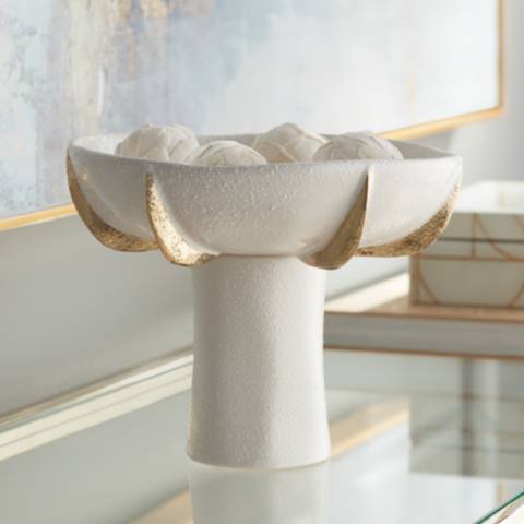 ZAVOOS White Ceramic Fruit Bowl with Ribbed Gold Pedestal Base