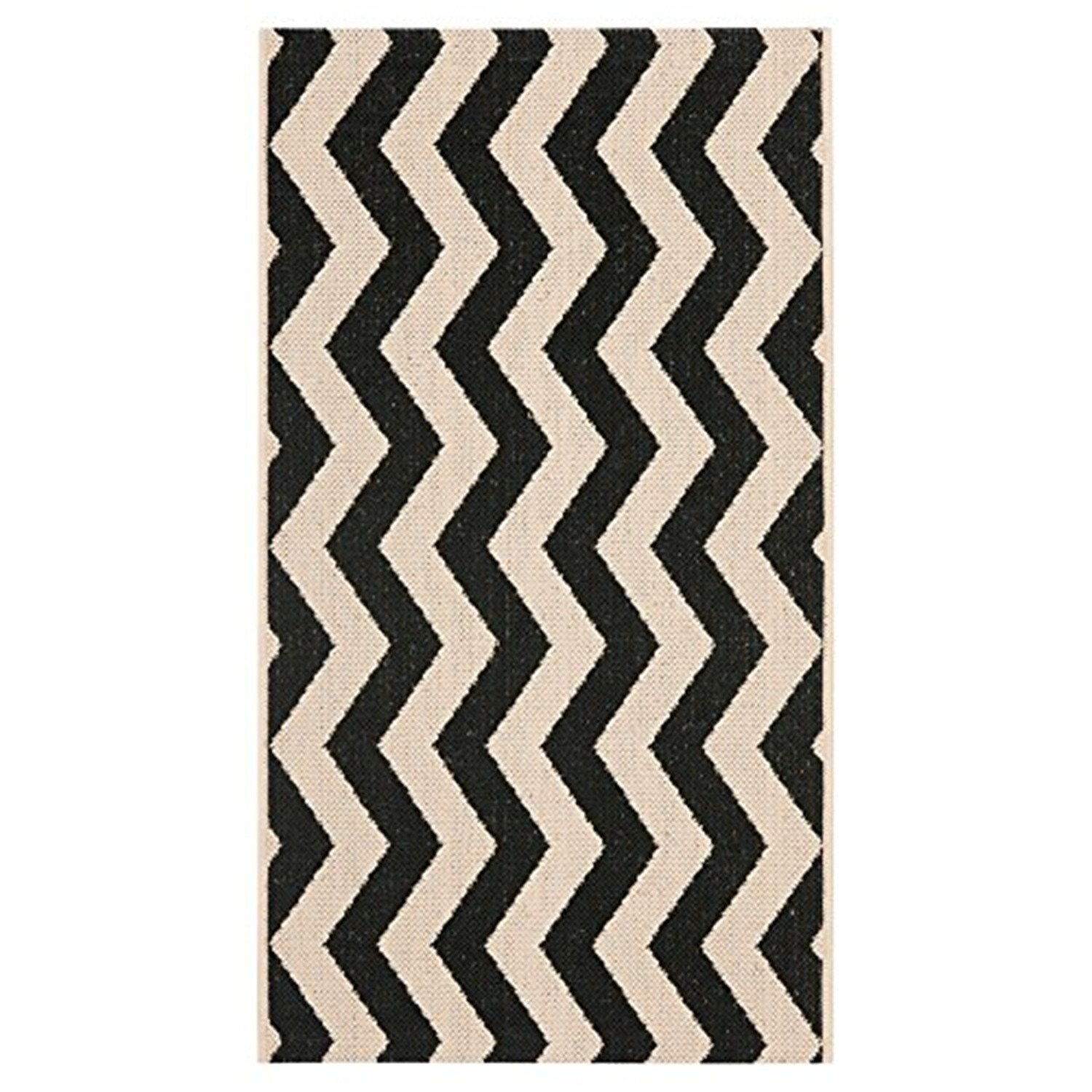 Dunzy Scalloped Outdoor Patio Rug for Porch or Backyard, Black and Beige