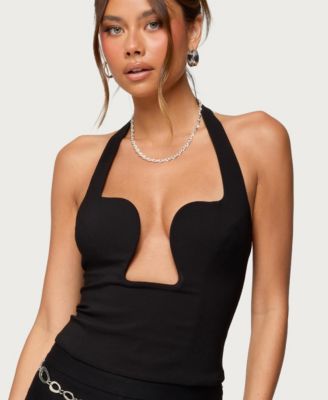Women's Black Cutout Halter Top with Chain Detail