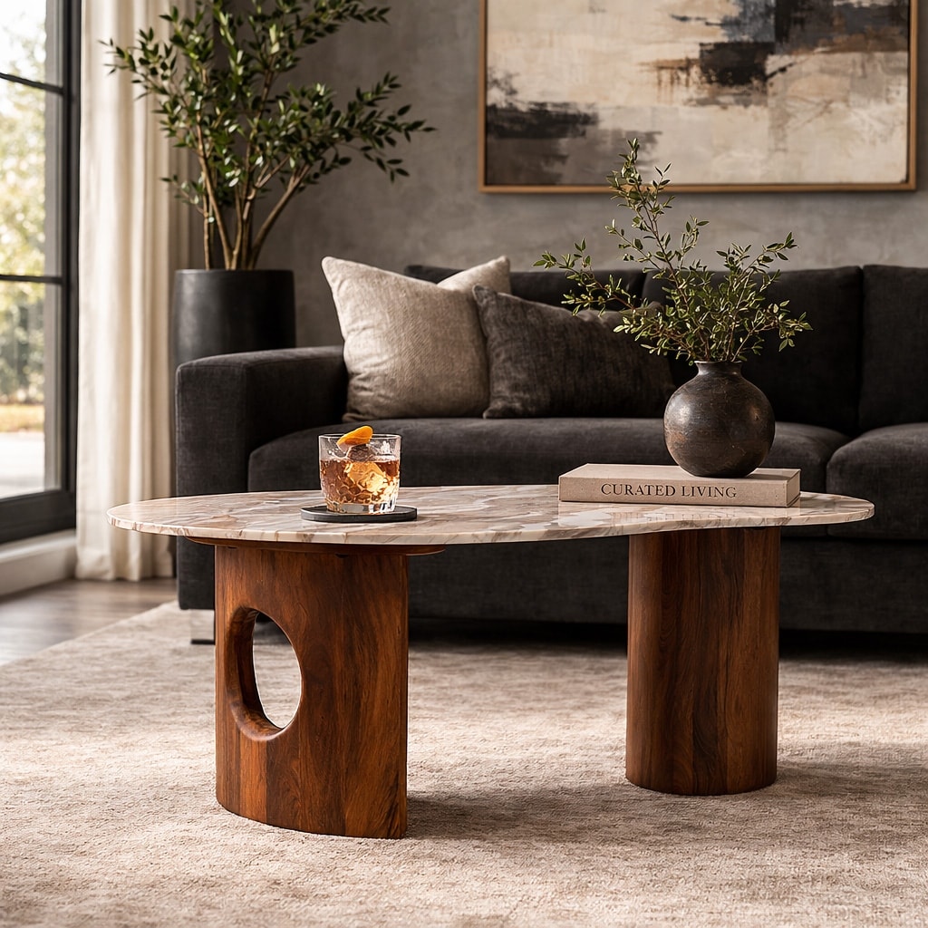 Marble Coffee Table With Sculptural Wooden Legs For Home Decor - Versatile Small Table For Living Room Decor And Office Spaces - 41", Brown & Gray